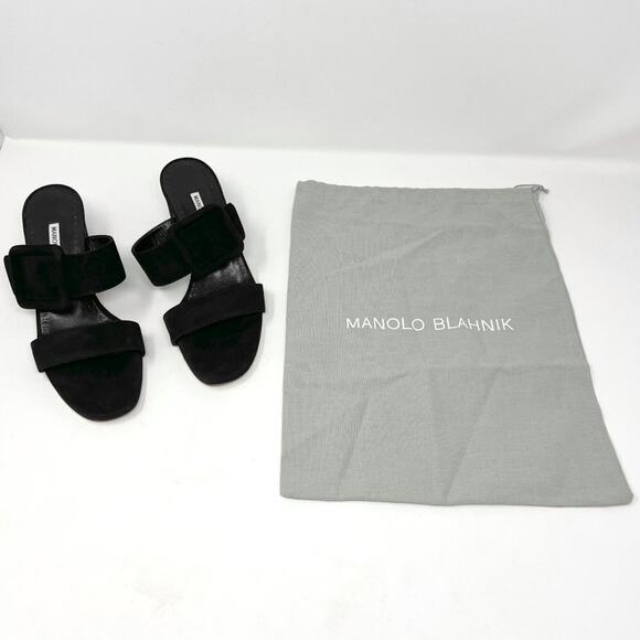 Manolo Blahnik Titubanew Black Suede Buckle Mules 38 50mm Block Heel - Picture 9 of 10